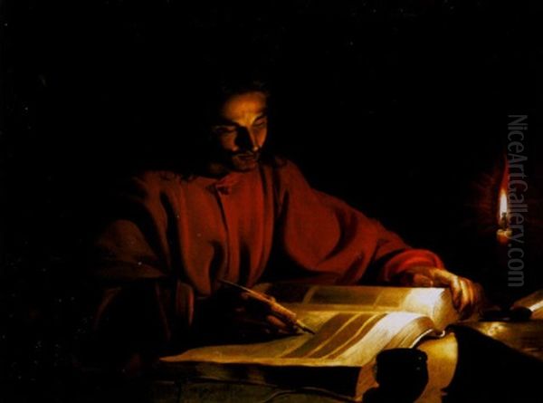 Saint John The Evangelist Writing The Gospel Oil Painting by Gerrit Van Honthorst