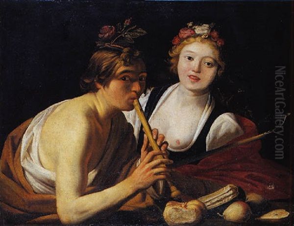 Le Joueur De Flute Et La Bergere Oil Painting by Gerrit Van Honthorst