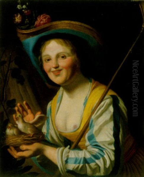 Schaferin Mit Taubennest Oil Painting by Gerrit Van Honthorst