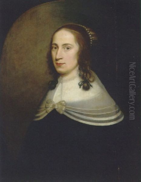 Portrait Of A Lady In A Black Dress With A White Collar And A Pearl Necklace Oil Painting by Gerrit Van Honthorst