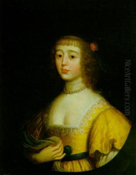 A Portrait Of A Lady Wearing A Yellow Dress Adorned With Lace And Pearls Oil Painting by Gerrit Van Honthorst