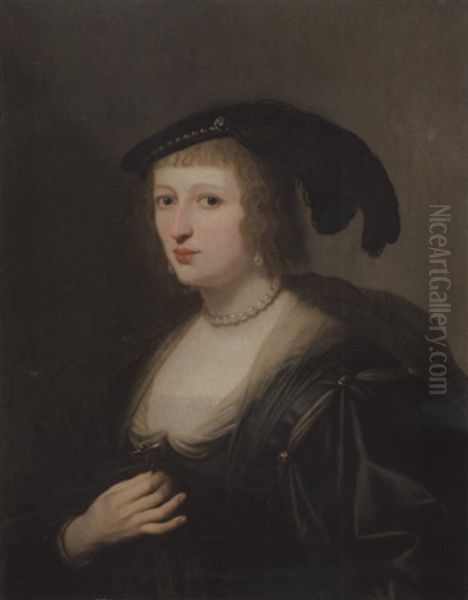 Portrait Of Ursula Van Solms, In A Black Dress And Feathered Hat, Her Crucifix In Her Right Hand Oil Painting by Gerrit Van Honthorst