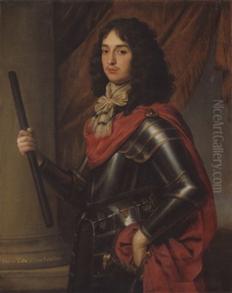 Portrait Of Prince Edward Of The Palatine, In Armour And A Red Mantle, A Baton In His Right Hand Oil Painting by Gerrit Van Honthorst