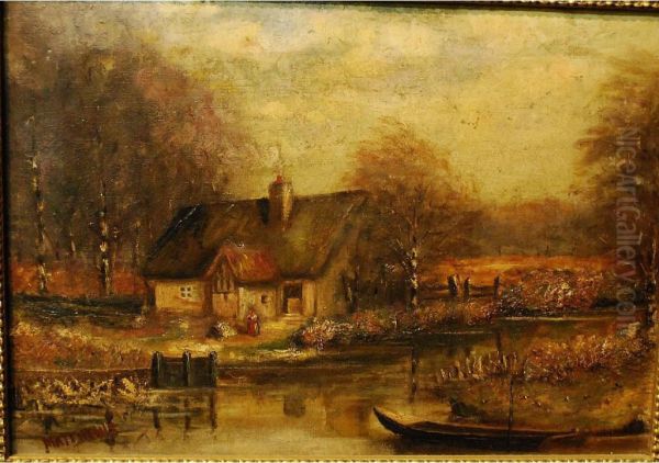 Cottage Beside A River Oil Painting by Matthews Barnes