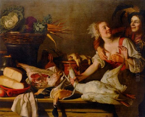 A Couple Courting In A Larder At A Table Laden With Food And Game Oil Painting by Gerrit Van Honthorst