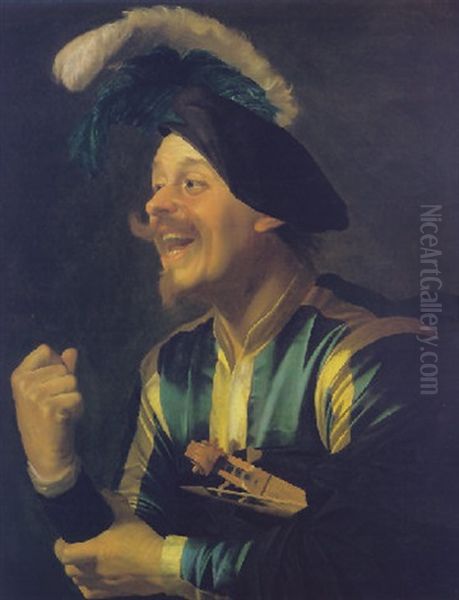 Portrait Of A Lauging Violinist, Wearing A Blue And Yellow Striped Doublet And Plumped Cap, With A Violin Tucked Under His Arm Oil Painting by Gerrit Van Honthorst