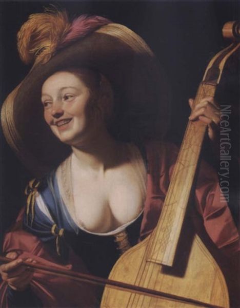 A Courtesan In A Straw Hat With A Viola Da Gamba Oil Painting by Gerrit Van Honthorst