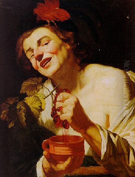 A Smiling Young Man Squeezing Grapes Oil Painting by Gerrit Van Honthorst