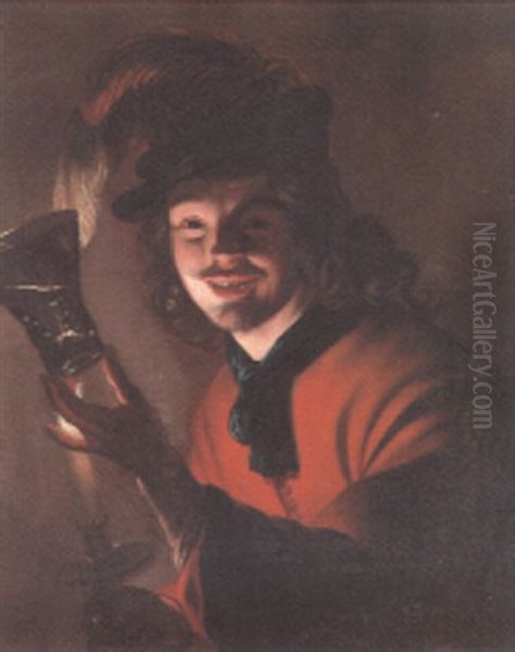 Portrait Of A Young Man Holding A Roemer And A Candle Oil Painting by Gerrit Van Honthorst