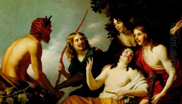 Pan Presenting Grapes To A Party Of Young Men And Women, The Children Of Frederik V Of The Palatinate (?) Dressed As Olympian Gods Oil Painting by Gerrit Van Honthorst