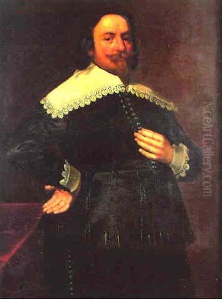 Portrait Of A Gentleman, Three Quarter Length, Wearing A Black Silk Costume Oil Painting by Gerrit Van Honthorst