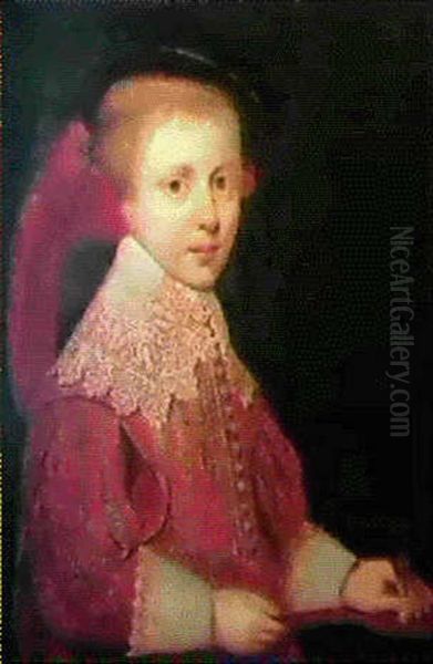 Portrait Of The Young Prince William Ii Of Nassau, Standing Half Length Wearing A Red Tunic With Lace Collar... Oil Painting by Gerrit Van Honthorst