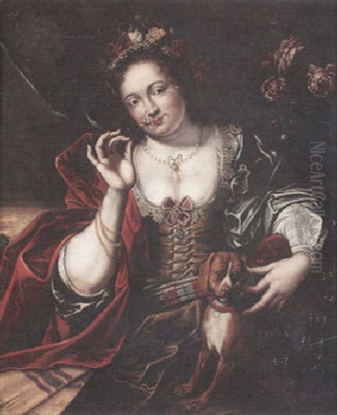 A Portrait Of A Lady With A Floral Headdress And A Red Satin Shawl Oil Painting by Willem van Honthorst