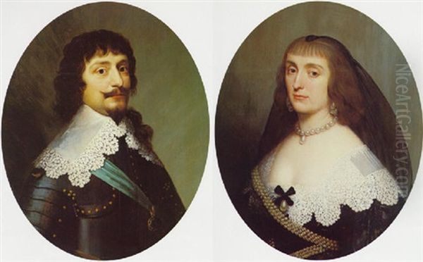 Portrait Of A Gentleman, Bust Length, Wearing Armor And Blue Sash & A Portrait Of A Lady, Bust Length Oil Painting by Willem van Honthorst