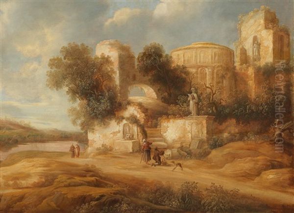 Travellers In Front Of Antique Ruins Oil Painting by Charles Cornelisz de Hooch