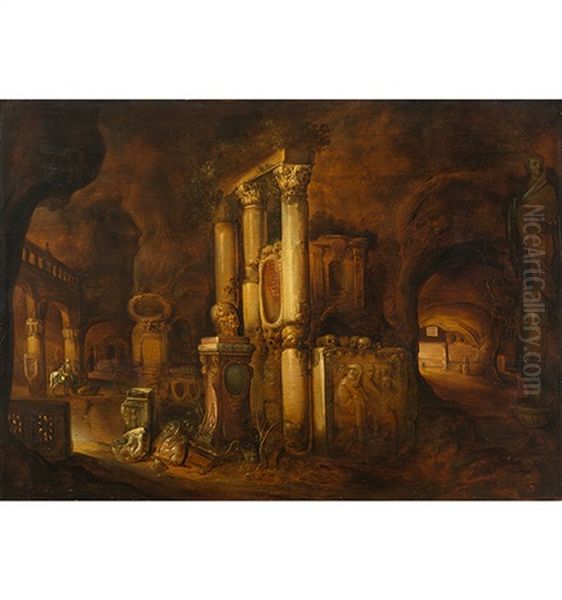 Romische Grotte Mit Antiken Saulen Oil Painting by Charles Cornelisz de Hooch