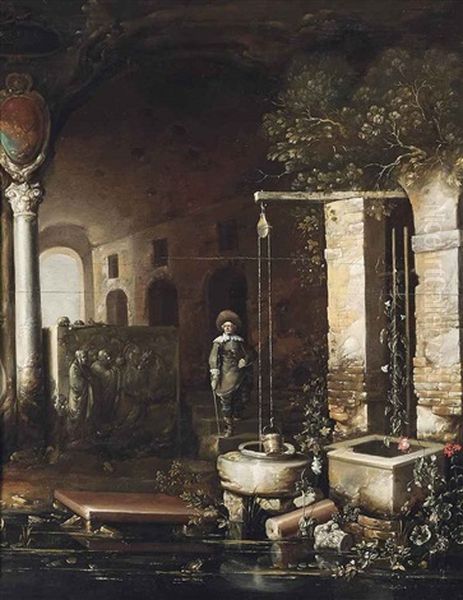 A Figure By A Well In A Grotto With A Sarcophagus, An Arcade Beyond Oil Painting by Charles Cornelisz de Hooch