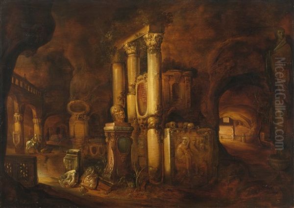 Romische Grotte Mit Antiken Saulen, Grabsteinen Und Marmorbuste Oil Painting by Charles Cornelisz de Hooch