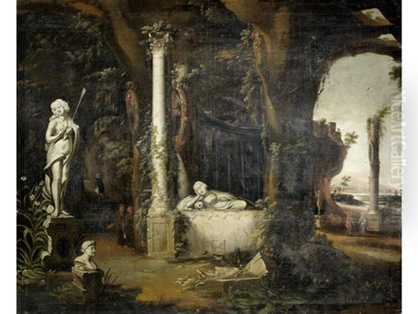 An Architectural Capriccio With Classical Ruins Oil Painting by Charles Cornelisz de Hooch