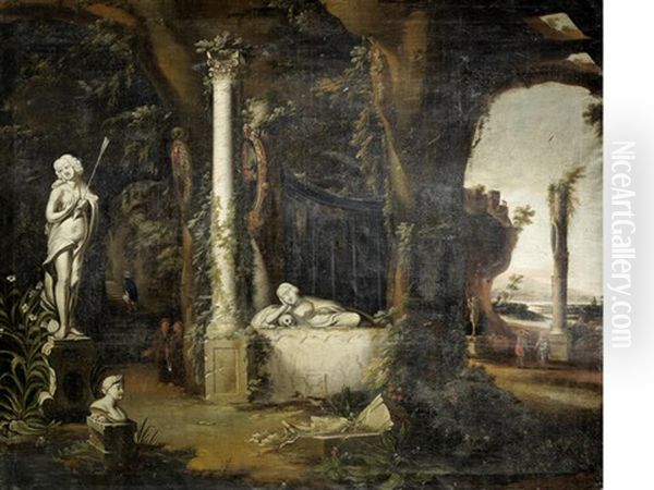 An Architectural Capriccio With Classical Ruins Oil Painting by Charles Cornelisz de Hooch