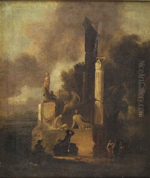 An Italianate Landscape With A Marble Sculpture, A Roman Column And Classical Ruins, An Artist Drawing And Figures Conversing In The Foreground Oil Painting by Charles Cornelisz de Hooch