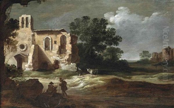 An Italianate Landscape With Figures By Classical Ruins Oil Painting by Charles Cornelisz de Hooch