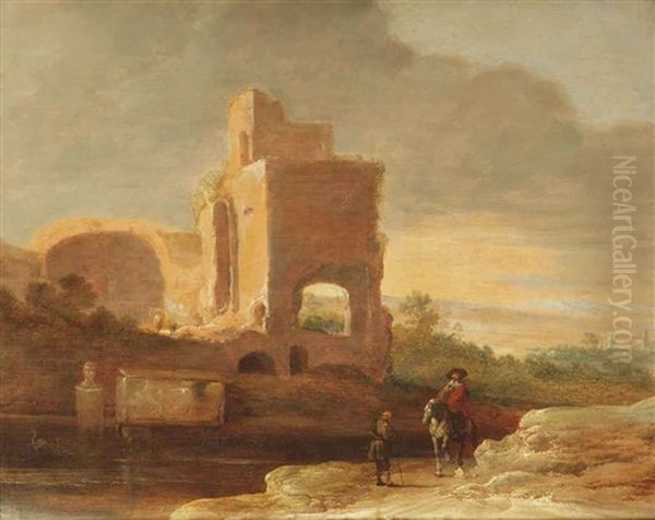 An Italianate Landscape With A Horseman And A Beggar On A Track Near Ancient Ruins Oil Painting by Charles Cornelisz de Hooch