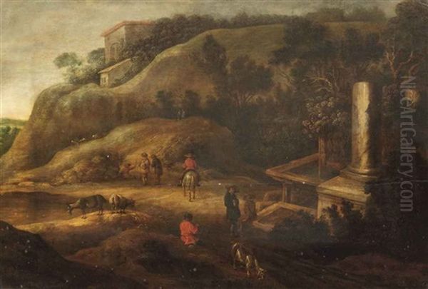 A Hilly Landscape With Figures On A Track Near Ancient Ruins Oil Painting by Charles Cornelisz de Hooch