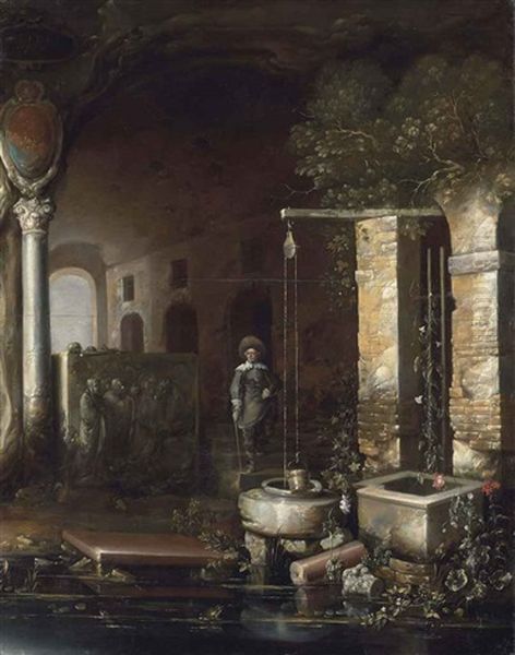 A Figure By A Well In A Grotto With A Sarcophagus, An Arcade Beyond Oil Painting by Charles Cornelisz de Hooch