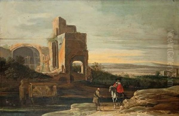 Paysage De La Campagne Romaine Avec Un Cavalier Et Un Villageois Pres D'un Edifice Antique En Ruine Oil Painting by Charles Cornelisz de Hooch