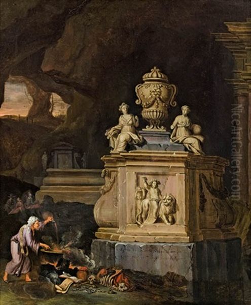 Hexe In Einer Felsgrotte Bei Einem Beschworungsritual Vor Einem Steinernen Monument Oil Painting by Charles Cornelisz de Hooch