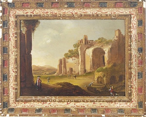 An Italianate Landscape With Figures Amongst Ruins Oil Painting by Charles Cornelisz de Hooch