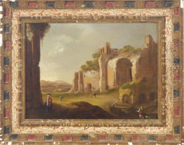 An Italianate Landscape With Figures Amongst Ruins Oil Painting by Charles Cornelisz de Hooch