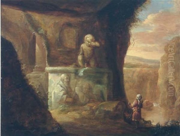 A Huntsman And His Dog In A Cave By Classical Ruins, A River Beyond Oil Painting by Charles Cornelisz de Hooch