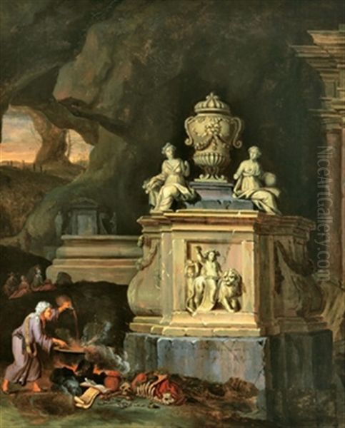 Hexe In Einer Felsgrotte Bei Einem Beschworungsritual Vor Einem Steinernen Monument Oil Painting by Charles Cornelisz de Hooch