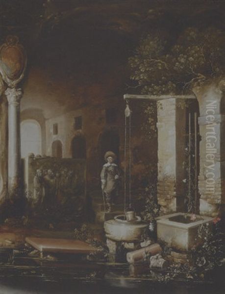 A Gentleman By A Well In A Grotto With A Sarcophagus, A Deserted Arcade Beyond Oil Painting by Charles Cornelisz de Hooch