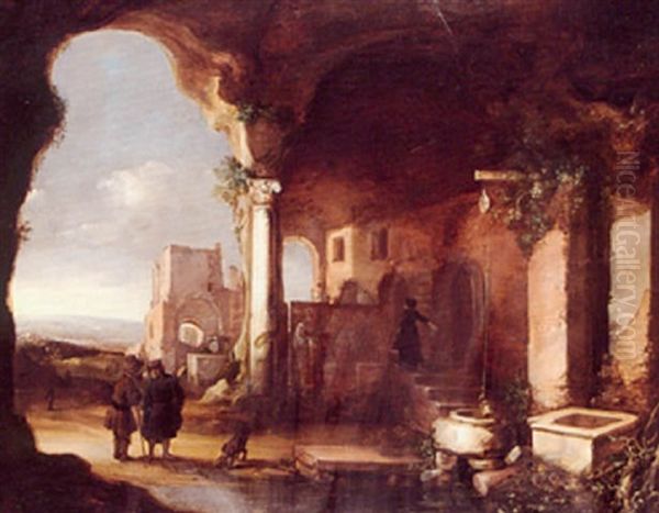 Figures Among Italianate Ruins Oil Painting by Charles Cornelisz de Hooch