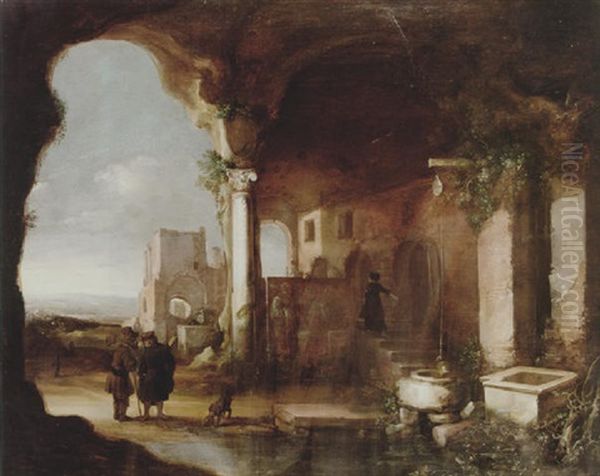 Figures Among Italianate Ruins Oil Painting by Charles Cornelisz de Hooch