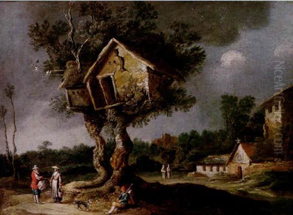 An Open Landscape With Travellers Resting On A Path Before A Dovecote, A Monastery Beyond Oil Painting by Charles Cornelisz de Hooch