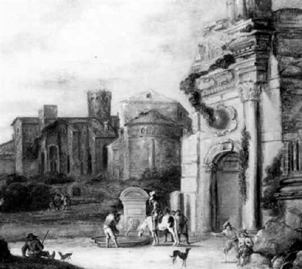 Travellers By A Fountain Near Classical Ruins Oil Painting by Charles Cornelisz de Hooch