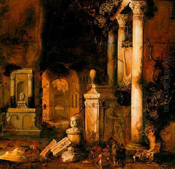 A Capriccio Of Roman Tombs And Architectural Ruins In A Grotto With Beggars Playing Cards At The Foot Of A Column Oil Painting by Charles Cornelisz de Hooch