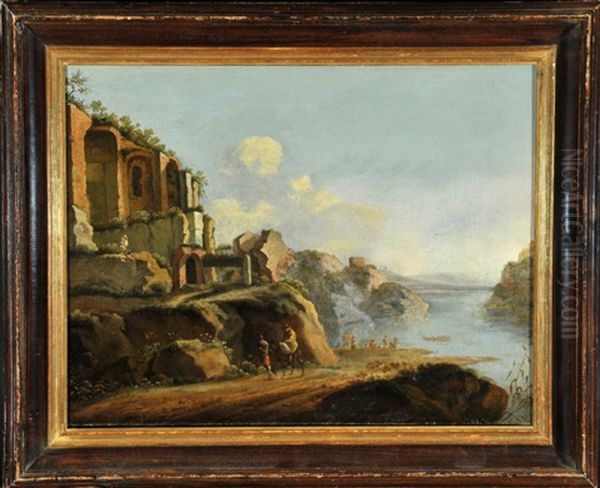 Fluss In Felsiger Landschaft Mit Ruinen Und Wanderern Am Ufer Oil Painting by Horatius de Hooch