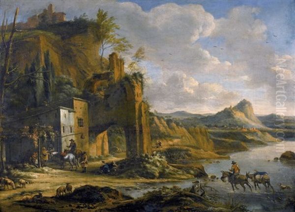 Italienische Landschaft Mit Reitern Und Ruinen Oil Painting by Horatius de Hooch