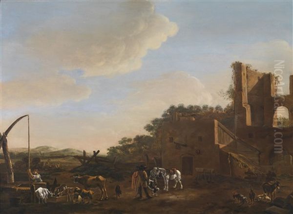 Campagnalandschaft Mit Reitern Und Hirten Vor Einer Taverne In Einer Ruine Oil Painting by Horatius de Hooch