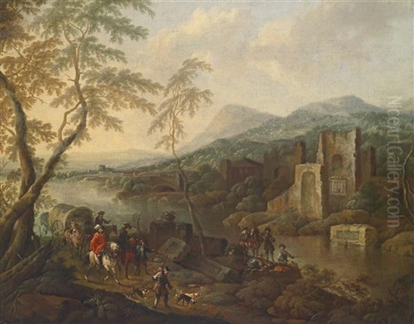 Flusslandschaft Mit Ruinen Und Reisenden Oil Painting by Horatius de Hooch