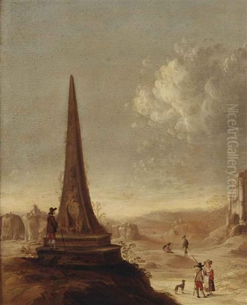 An Italianate Landscape With A Grand Tourist Studying The Inscriptions On An Obelisk Oil Painting by Horatius de Hooch