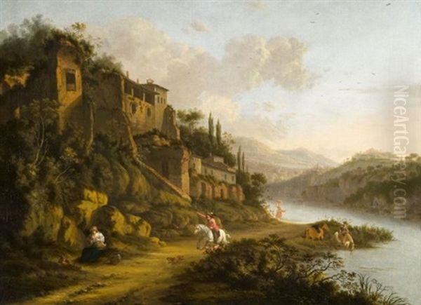 Cavaliers Et Promeneurs Le Long D'une Riviere Dans La Campagne Romaine Oil Painting by Horatius de Hooch