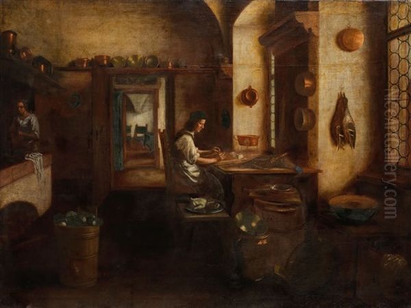 Kucheninterieur Mit Figuren Und Federvieh Oil Painting by Pieter De Hooch