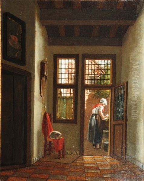 Interior With Washer Woman Through An Open Door Oil Painting by Pieter De Hooch