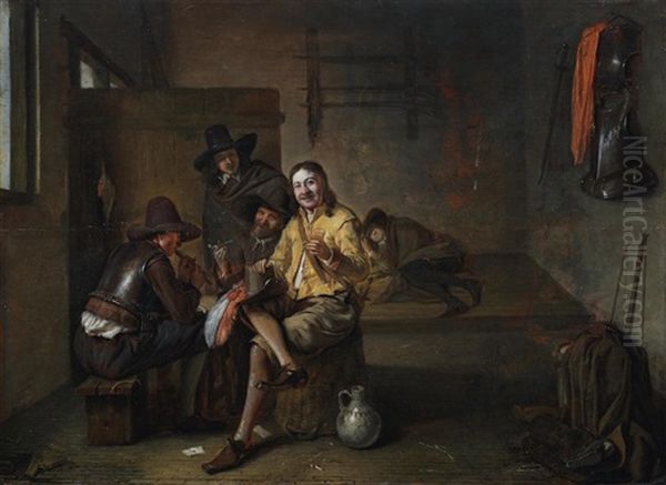 A Guardroom Interior With Soldiers And A Woman Playing Cards Oil Painting by Pieter De Hooch